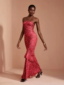 JIAN LASALA Knit Floral Print Off Should Tube Top Ruched Ruffle Hemline Long Dress Elegant Vacation - Red - View 6