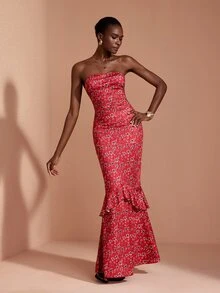 JIAN LASALA Knit Floral Print Off Should Tube Top Ruched Ruffle Hemline Long Dress Elegant Vacation - Red - View 1