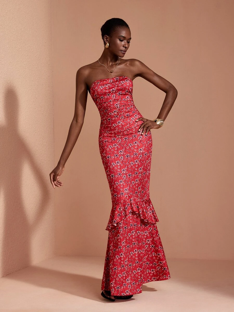 JIAN LASALA Knit Floral Print Off Should Tube Top Ruched Ruffle Hemline Long Dress Elegant Vacation - Red - View 1