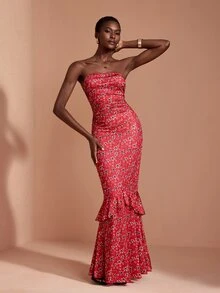 JIAN LASALA Knit Floral Print Off Should Tube Top Ruched Ruffle Hemline Long Dress Elegant Vacation - Red - View 3