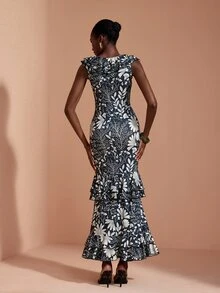 JIAN LASALA Gaun Panjang Rajut Multi Ruffle dengan Hemline Pendek dan Leher V, Elegan untuk Liburan. - Hijau - View 2