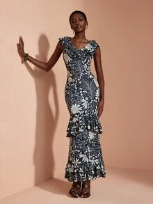 JIAN LASALA Gaun Panjang Rajut Multi Ruffle dengan Hemline Pendek dan Leher V, Elegan untuk Liburan. - Hijau - View 6