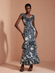 JIAN LASALA Gaun Panjang Rajut Multi Ruffle dengan Hemline Pendek dan Leher V, Elegan untuk Liburan. - Hijau - View 5