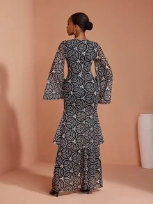 JIAN LASALA Mesh Long Bell Sleeve V Neckline Overlapped Long Dress Vacation Party Elegant - Multicolor - View 2