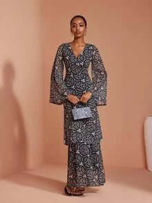 JIAN LASALA Mesh Long Bell Sleeve V Neckline Overlapped Long Dress Vacation Party Elegant - Multicolor - View 4