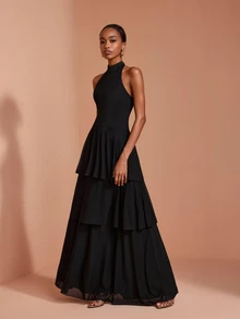 JIAN LASALA Gaun Maxi Hitam Wanita Gaya Boho Tanpa Lengan Leher Halter Dua Lapis untuk Liburan dan Pesta - Hitam - View 1