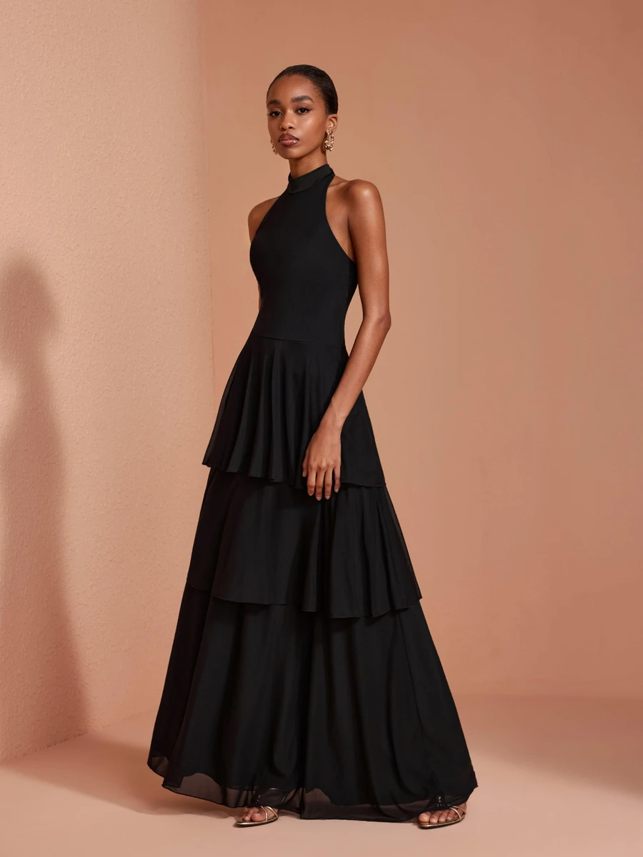 JIAN LASALA Gaun Maxi Hitam Wanita Gaya Boho Tanpa Lengan Leher Halter Dua Lapis untuk Liburan dan Pesta - Hitam - View 1