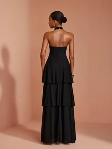 JIAN LASALA Gaun Maxi Hitam Wanita Gaya Boho Tanpa Lengan Leher Halter Dua Lapis untuk Liburan dan Pesta - Hitam - View 2