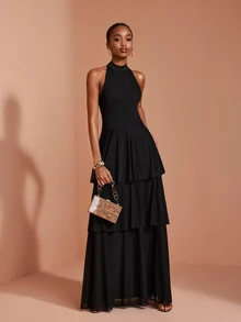 JIAN LASALA Gaun Maxi Hitam Wanita Gaya Boho Tanpa Lengan Leher Halter Dua Lapis untuk Liburan dan Pesta - Hitam - View 5