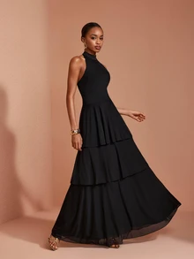 JIAN LASALA Gaun Maxi Hitam Wanita Gaya Boho Tanpa Lengan Leher Halter Dua Lapis untuk Liburan dan Pesta - Hitam - View 3