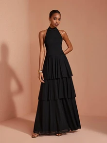 JIAN LASALA Gaun Maxi Hitam Wanita Gaya Boho Tanpa Lengan Leher Halter Dua Lapis untuk Liburan dan Pesta - Hitam - View 4