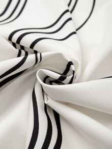 Penseblé French Style Ribbon Black & White Wavy Print Long Sleeve Elegant Commuter Draped Blouse LilyWest-D - White - View 6
