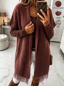 Holdful Holdful Autumn/Winter New Mid-Length Cardigan With Tassel Hem Design, Casual Minimalist Lazy Style For Women Thanksgiving Everyday Travel Shades Of Brown - Coffee Brown - View 3