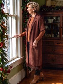 Holdful Holdful Autumn/Winter New Mid-Length Cardigan With Tassel Hem Design, Casual Minimalist Lazy Style For Women Thanksgiving Everyday Travel Shades Of Brown - Coffee Brown - View 4