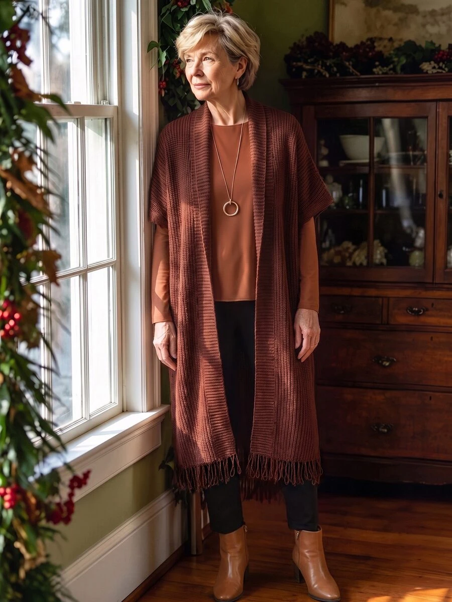 Holdful Holdful Autumn/Winter New Mid-Length Cardigan With Tassel Hem Design, Casual Minimalist Lazy Style For Women Thanksgiving Everyday Travel Shades Of Brown - Coffee Brown - View 1