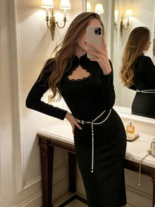Cévolie French Style New Chinese Cheongsam Dress With Lace Hem, Hollow Neckline Design, Long Sleeve Bodycon Dress - Black - View 6