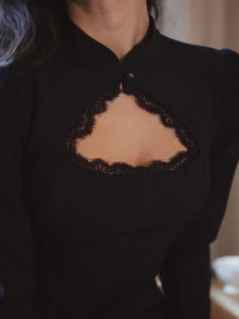Cévolie French Style New Chinese Cheongsam Dress With Lace Hem, Hollow Neckline Design, Long Sleeve Bodycon Dress - Black - View 4
