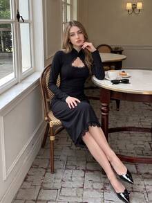 Cévolie French Style New Chinese Cheongsam Dress With Lace Hem, Hollow Neckline Design, Long Sleeve Bodycon Dress - Black - View 7