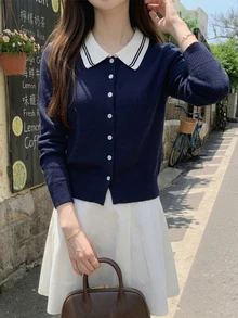 INAWLY Solva Fashionable Polo Collar Knit Cardigan, Preppy French Style Youthful Sweater Top Everyday School Fall - Royal Blue - View 6