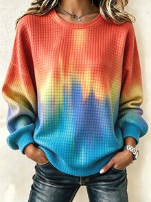 Trelyra Women's Gradient Print Small Checkered Knit Sweatshirt, Round Neck, Drop Shoulder, Loose Casual Long Sleeve Pullover Top - Multicolor - View 1