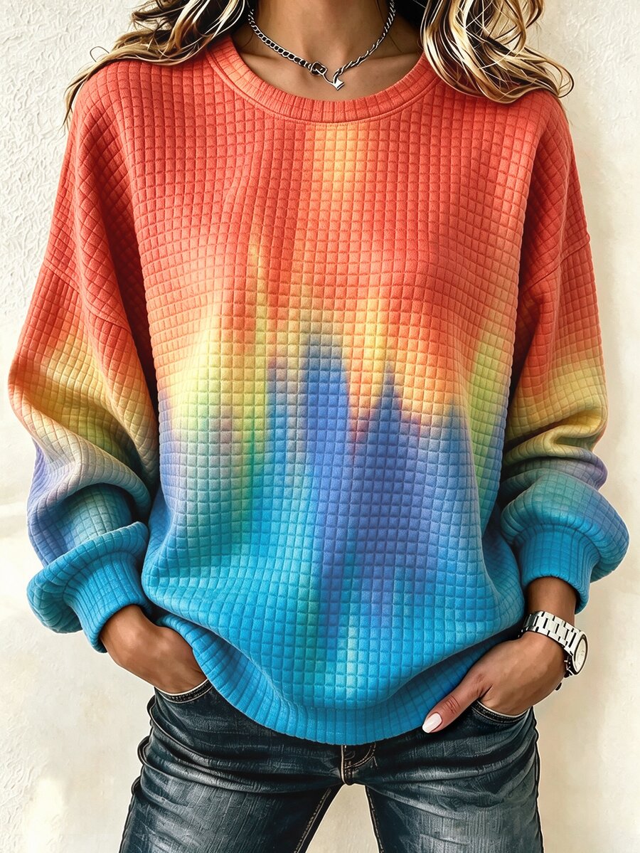 Trelyra Women's Gradient Print Small Checkered Knit Sweatshirt, Round Neck, Drop Shoulder, Loose Casual Long Sleeve Pullover Top - Multicolor - View 1