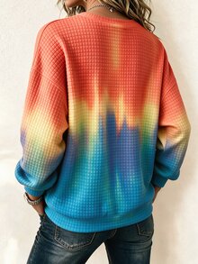 Trelyra Women's Gradient Print Small Checkered Knit Sweatshirt, Round Neck, Drop Shoulder, Loose Casual Long Sleeve Pullover Top - Multicolor - View 2