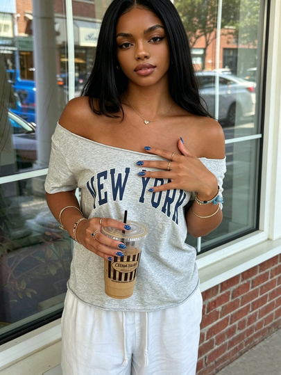 Rovax Women's Off-Shoulder Letter Print Casual Versatile Daily Short Sleeve T-Shirt