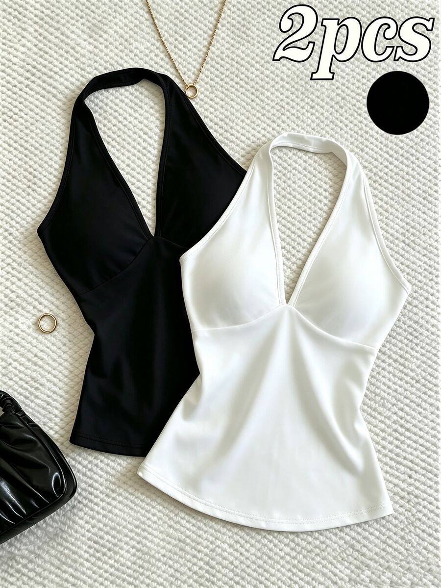 IslaSuriya Women's Casual Basic Solid Color Fitted Spring Summer Street Style Daily Vacation Sexy Camisole Top White Black 2 Pieces Set Y2K Aesthetic Club - Multicolor - View 1