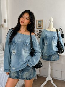 Lalippa Women's Asymmetrical Shoulder Distressed Design Casual Streetwear Daily Wear Top Everyday Date Light Blue Fall - Multicolor - View 1