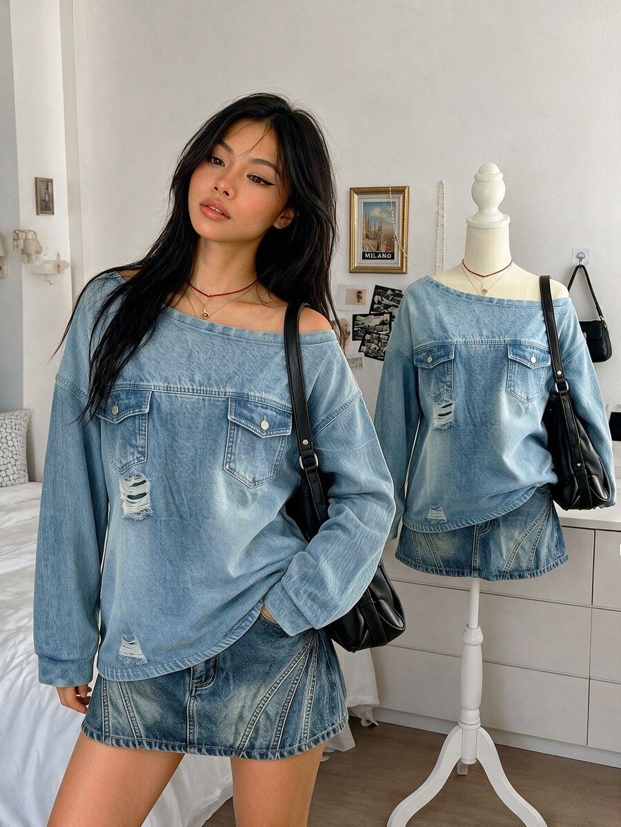 Lalippa Women's Asymmetrical Shoulder Distressed Design Casual Streetwear Daily Wear Top Everyday Date Light Blue Fall - Multicolor - View 1