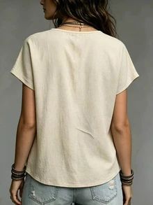 Trelyra Woven Regular Fit Stand Collar Split Short Sleeve Top - Khaki - View 2