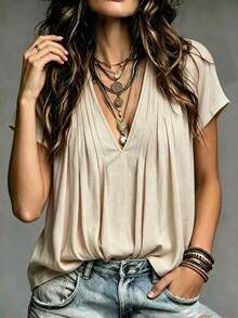 Trelyra Woven Regular Fit Stand Collar Split Short Sleeve Top - Khaki - View 4