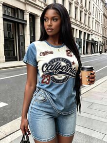 Rovax Women's Letter & Number Print Short Sleeve Top And Shorts Casual Daily 2 Pieces Set - Multicolor - View 4