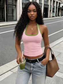 Rovax Atasan Cami Halter Leher Persegi dengan Trim Kontras, Tank Top Tanpa Lengan Potongan Ramping untuk Wanita - MultiWarna - View 3
