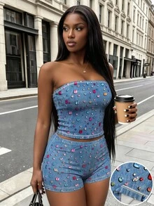 Rovax Women's Faux Rhinestone Denim Effect Strapless Top And Shorts Two Pieces Set, Street Style. - Multicolor - View 3