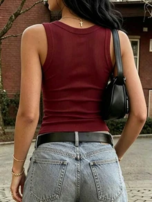 Rovax Casual Solid Color Fitted V-Neck Tank Top - Black - View 2