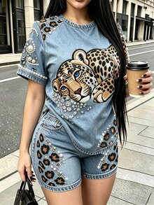 Rovax 女款豹紋牛仔效果短袖T恤與短褲休閒兩件套 - 彩色 - 查看 5