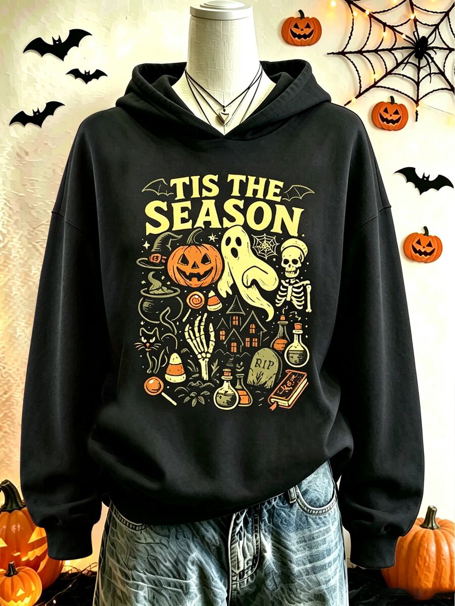 Rovax Hoodie Motif Hantu & Halloween Terbaru Musim Gugur/Dingin, Sweatshirt Pullover Longgar untuk Pasangan - Hitam - View 1