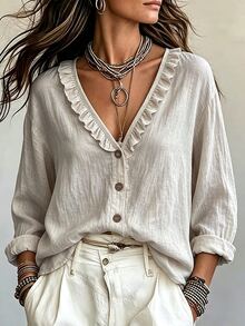 SHEIN Women's Solid Color Linen-Texture Woven Long Sleeve V-Neck Ruffle Hem Loose Blouse, Fall, Suitable For Dating Vacation, Boho, Casual, Khaki - Khaki - View 3