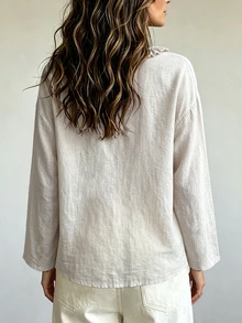 SHEIN Women's Solid Color Linen-Texture Woven Long Sleeve V-Neck Ruffle Hem Loose Blouse, Fall, Suitable For Dating Vacation, Boho, Casual, Khaki - Khaki - View 2