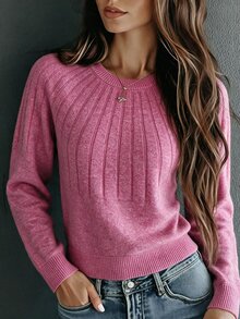SHEIN Women's Long Sleeve Crew Neck Solid Color Versatile Fashion Sweater, Autumn/Winter - Watermelon Pink - View 5