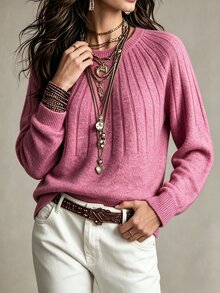 SHEIN Women's Long Sleeve Crew Neck Solid Color Versatile Fashion Sweater, Autumn/Winter - Watermelon Pink - View 3