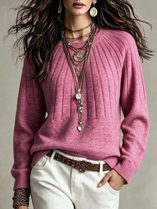SHEIN Women's Long Sleeve Crew Neck Solid Color Versatile Fashion Sweater, Autumn/Winter - Watermelon Pink - View 4