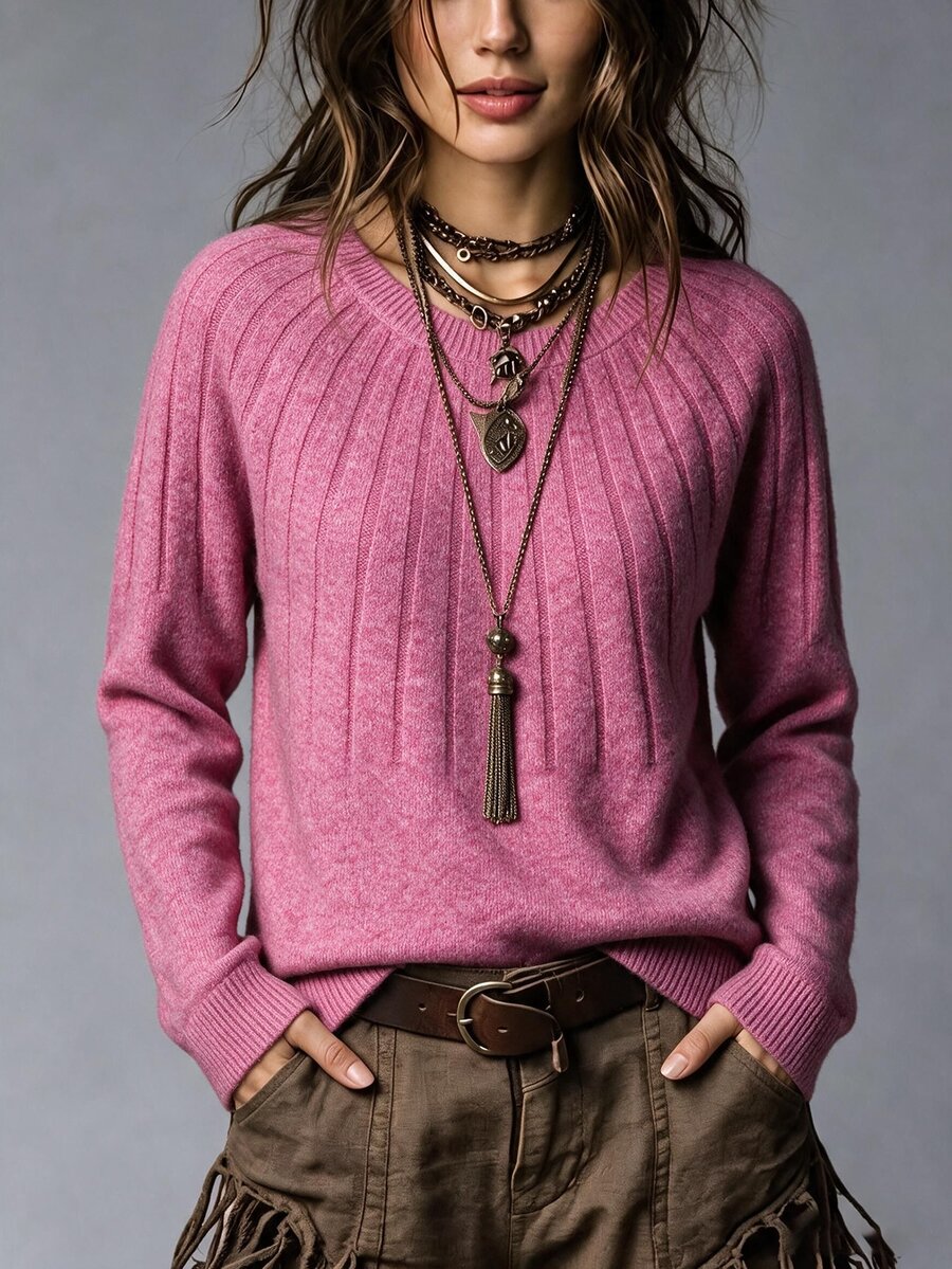 SHEIN Women's Long Sleeve Crew Neck Solid Color Versatile Fashion Sweater, Autumn/Winter - Watermelon Pink - View 1