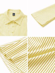 SHEIN 法式修身长袖蓝白条纹优雅通勤女士衬衫 - 黃色 - 查看 5