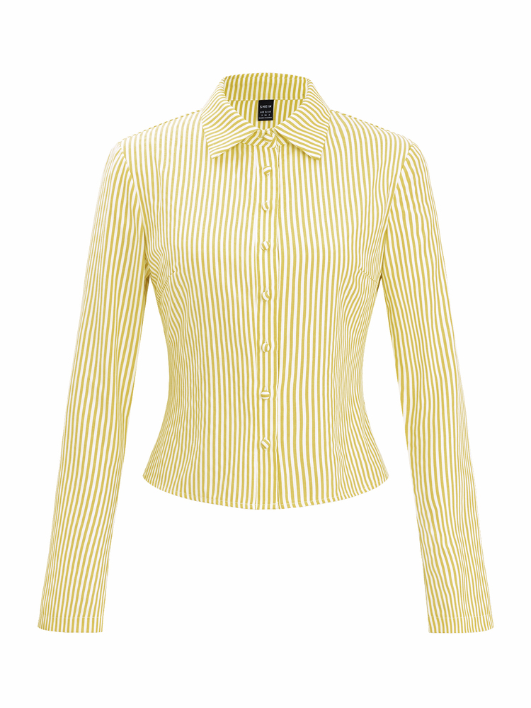 SHEIN French Style Slim Fit Long Sleeve Blue & White Striped Elegant Commuter Woman Shirt Fall Cloth For Women - Yellow - View 6