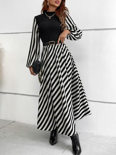 SHEIN Striped Mock Neck Lantern Sleeve Dress Without Belt Maxi Women Outfit Fall Cloth For Women