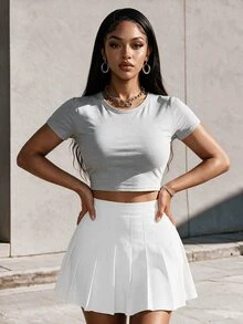 SHEIN PETITE Women Solid Color Pleated Versatile Elegant Casual Commuting Y2K Academic Style Mini Skirt Shorts, Spring/Summer ,Petite Women - White - View 2