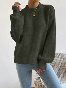 SHEIN Suéter de cuello alto con hombros caídos, tops de manga larga de punto, suéter de punto para otoño e invierno - Verde Oscuro - Ver 5
