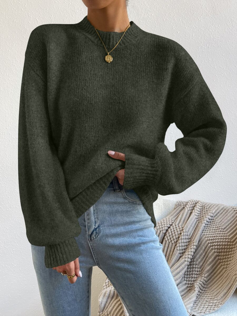 SHEIN Suéter de cuello alto con hombros caídos, tops de manga larga de punto, suéter de punto para otoño e invierno - Verde Oscuro - Ver 1